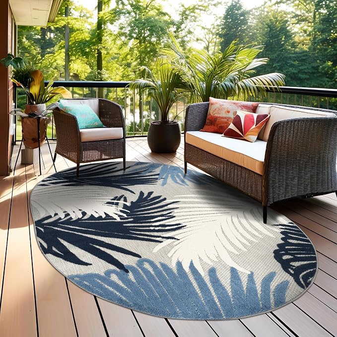 Rugshop Navy Lucca Contemporary Floral Indoor/Outdoor Oval Area Rug Durable Polypropylene, Weather Resistant, Easy to Clean Perfect for Patio, Backyard, Deck and Outdoor Lounge 5' x 7' Oval