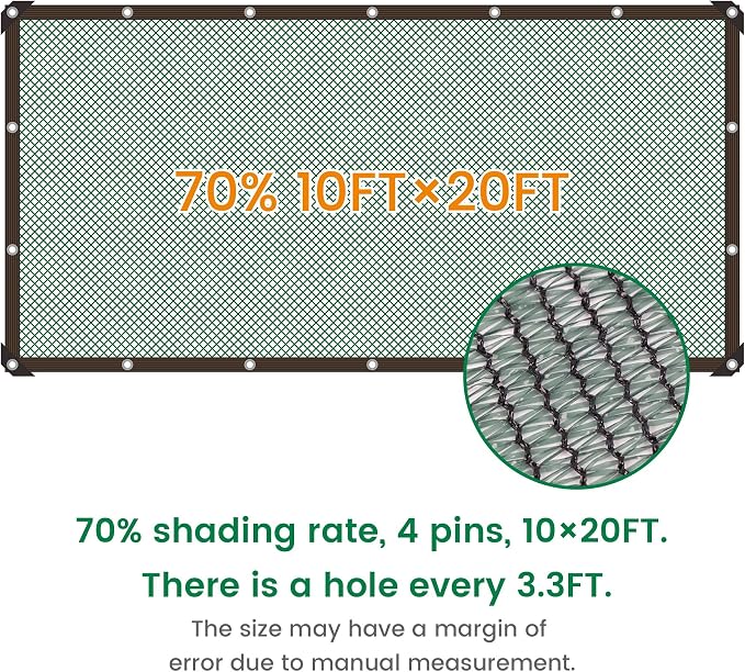 70% 10 X 20 FT Green Shade Cloth, Outdoor Woven Sun Shade with Grommets, Durable Breathable Netting Shading Antifreezing for Patio, Garden, DIY Home, Plants Cover, Greenhouse, Dog Kennel