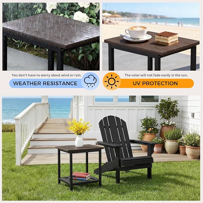 2-Tier Outdoor Side Table with Storage, Weather Resistant Patio End Table, HDPS Small Accent Table for Deck, Garden, Pool, Backyard, Brown 2pcs