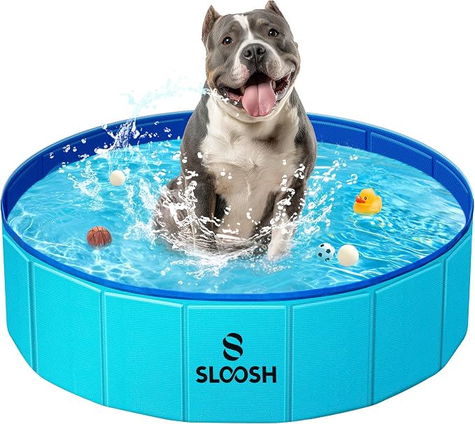 Sloosh Foldable Dog Kiddie Pool - Portable Hard Plastic Doggie Swimming Pool, Anti-Slip Collapsible Pets Bath Tub Suitable for Kids Indoor Outdoor Backyard Use (Blue, 32" x 8")