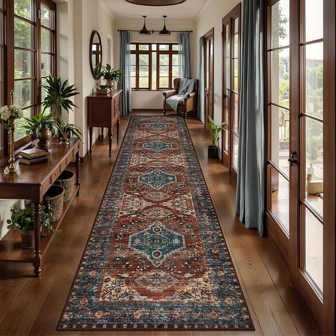 Tangsoo Oriental 2.6x14 Washable Runner Rug for Hallway Non Slip Runner Rug | Vintage Soft Low Pile Long Rug Runners, Boho Print 14ft Carpet Runners for Kitchen Bedroom Entryway Living Room Rust Blue