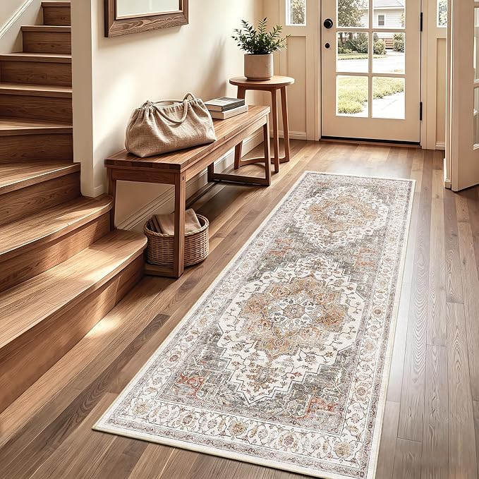 3x7 Vintage Runner Rug Low Pile Non-Slip Washable Kitchen Rug | Retro Distressed Print Rug Orange Gray Carpet Stain Resistant Non-Shedding Long Rug for Hallway Kitchen Bedroom Laundry Room