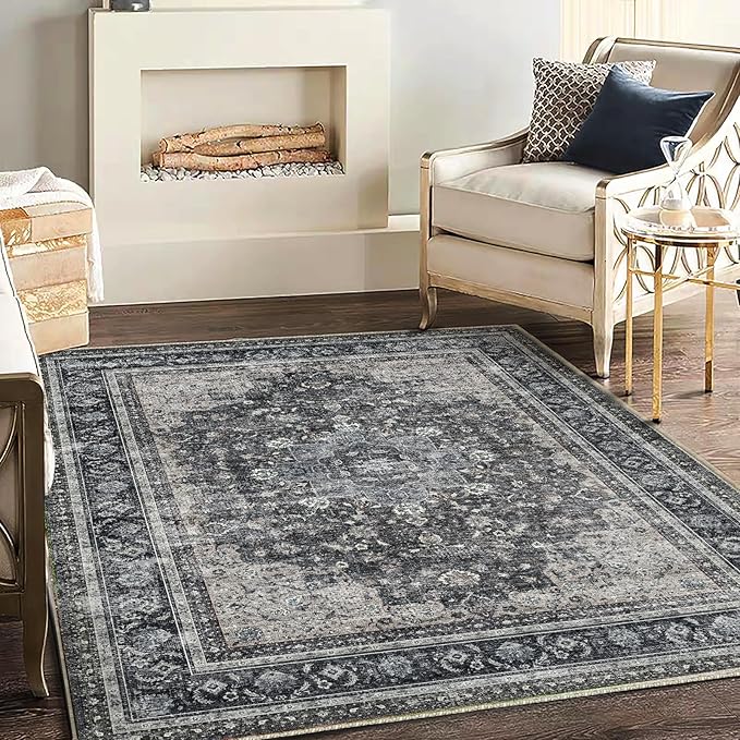 CHAMPLANT Washable Area Rug 4'x6' Traditional Floor Cover Foldable Thin Rugs Retro Kitchen Indoor Distressed Non Slip Carpet Floral Print Mat Bedroom Living Room