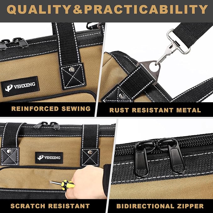 17 IN Large Tool Bag For Men Heavy Duty, Drill Bag Tool Bag Organizer, Wide Mouth Waterproof Hard Bottom Multiple Pockets Tool Tote, Tool Caddy, Maintenance