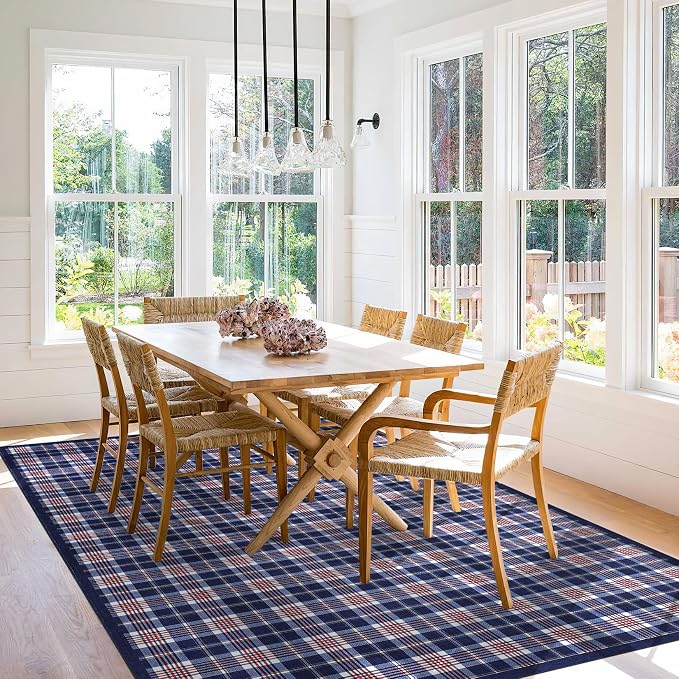 GarveeHome Checkered Area Rugs 9x12 for Living Room, Machine Washable Non Slip Backing Rug, Low-Pile Stain Resistant Indoor Carpet for Bedroom Dining Room Office Nursery Floor Decor Blue
