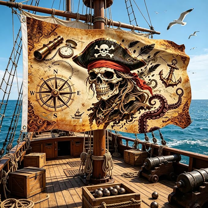3x5ft Pirate Flag, Vintage Skull Pirate Flags for Outside, Double-Sided Printed Pirate Ship Decor Flag with 2 Grommets for Outdoor Yard, Party and Pirate Themed Decorations