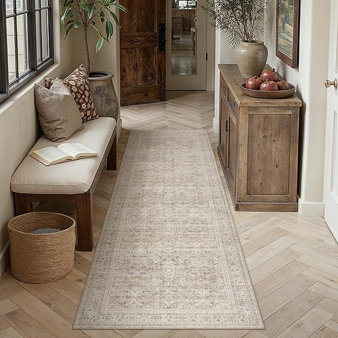 2x8 Beige Vintage Distressed Washable Runner Rug for Hallway | Low Pile, Non Slip, Retro Style, Soft Distressed Long Hallway Runner for Kitchen, Entryway, Laundry, Bedroom, Home Decor