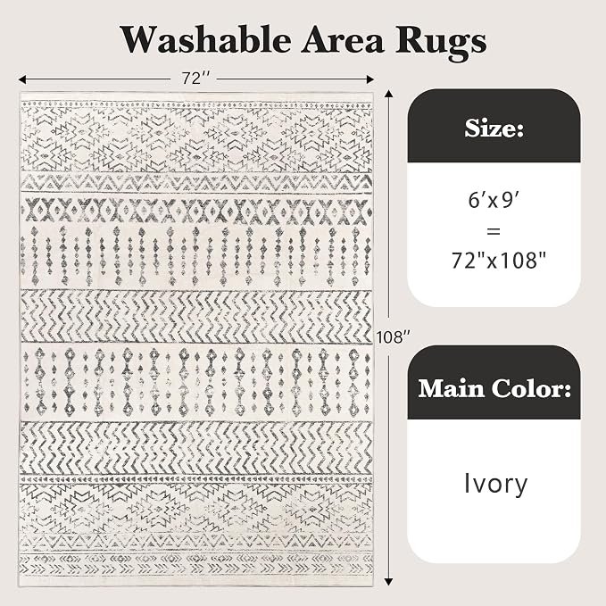 Art&Tuft 6x9 Area Rugs for Living Room, Large Washable Rug Non Slip, Ivory | Low Pile, Soft & Lighweight, Folable, Stain Resistant Indoor Moroccan Carpet for Bedroom, Kitchen, Dining Room, Home Office