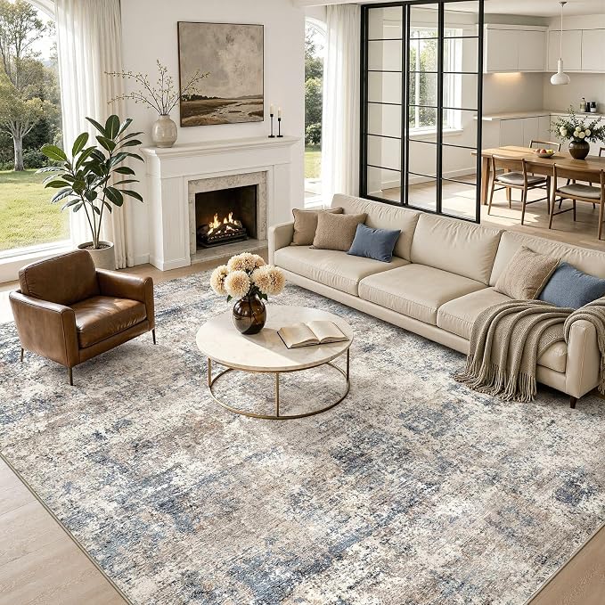 Nakagishi 8X10 Abstract Washable Area Rugs for Living Room-Blue Brown | Modern Non-Slip Silicone Backing Low Pile Soft Carpet for Bedroom Dining Decor Ideal for Families with Kids and Pets