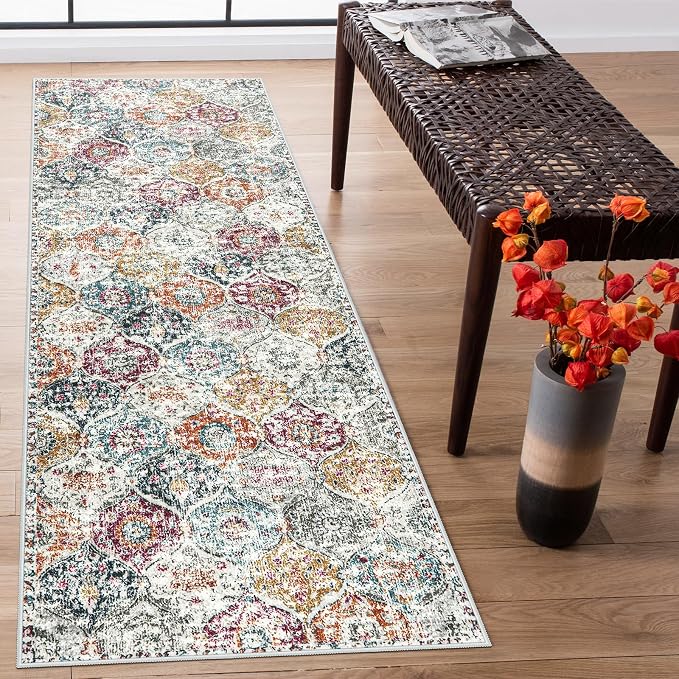 Lahome Moroccan Hallway Rug, 2'5''x8' Soft Washable Kitchen Runner Rugs | Non Skid Runners for Hallways Ultra-Thin Oriental Carpet for Laundry Room Bedroom Bathroom Elise, Aqua Multi