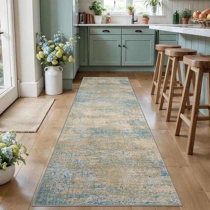 Tangsoo Abstract 2.6x10 Washable Runner Rug for Hallway,Runner Rug Non Slip | Modern Soft Low Pile Long Hallway Rug Runner, Contemporary Carpet Runners for Kitchen Bedroom Living Room Blue Beige Decor