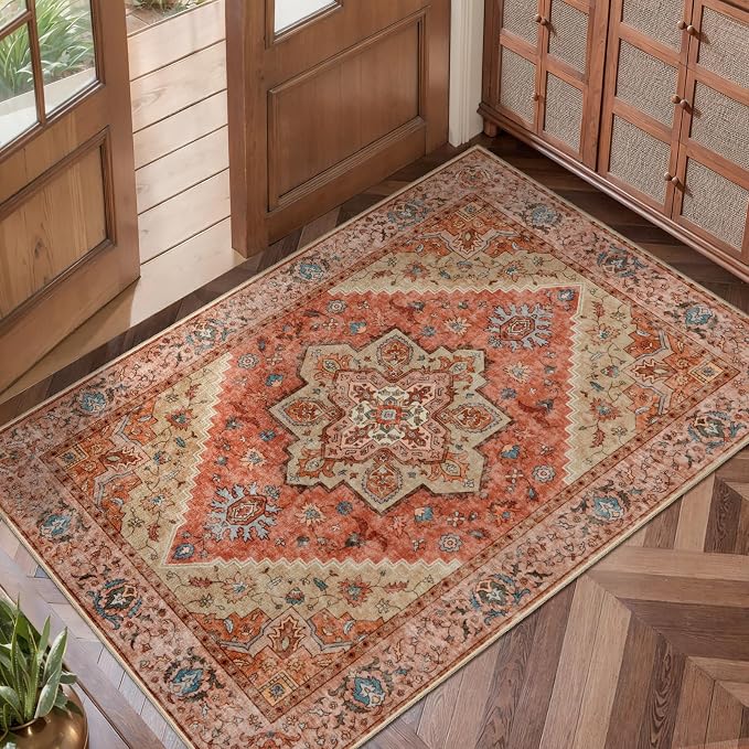 Tangsoo Vintage 2x3 Washable Rugs for Entryway, Non Slip Small Area Rug | Oriental Indoor Front Door Rug Mat,Boho Small Carpet, Soft Low Pile Throw Rugs for Entry Entrance Kitchen Terracotta Decor