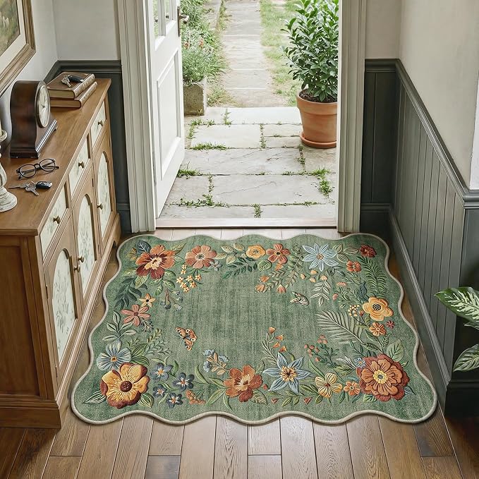 FMFUNCTEX 2x3 Washable Sage Green Floral Vintage Scalloped Entryway Rug | Boho Flower Colorful Traditional Door Mat Non Slip Low Pile Indoor Soft Small Throw Rugs Entry Way Entrance Kitchen Laundry