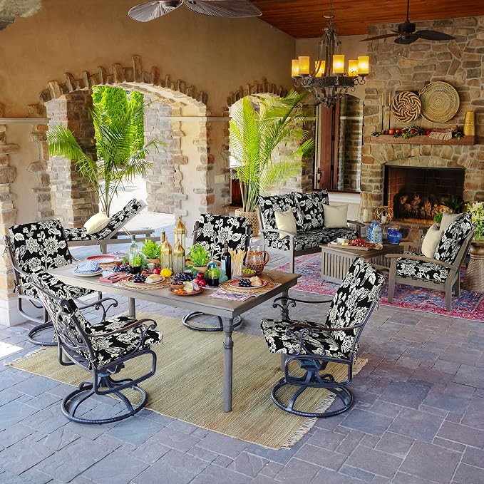 Arden 4-Pack Outdoor Patio Dining Chair Cushion, 20 x 44, Rain-Proof Seat Pad, Fade-Resistant Outdoor Cushion Ashland Black Jacobean