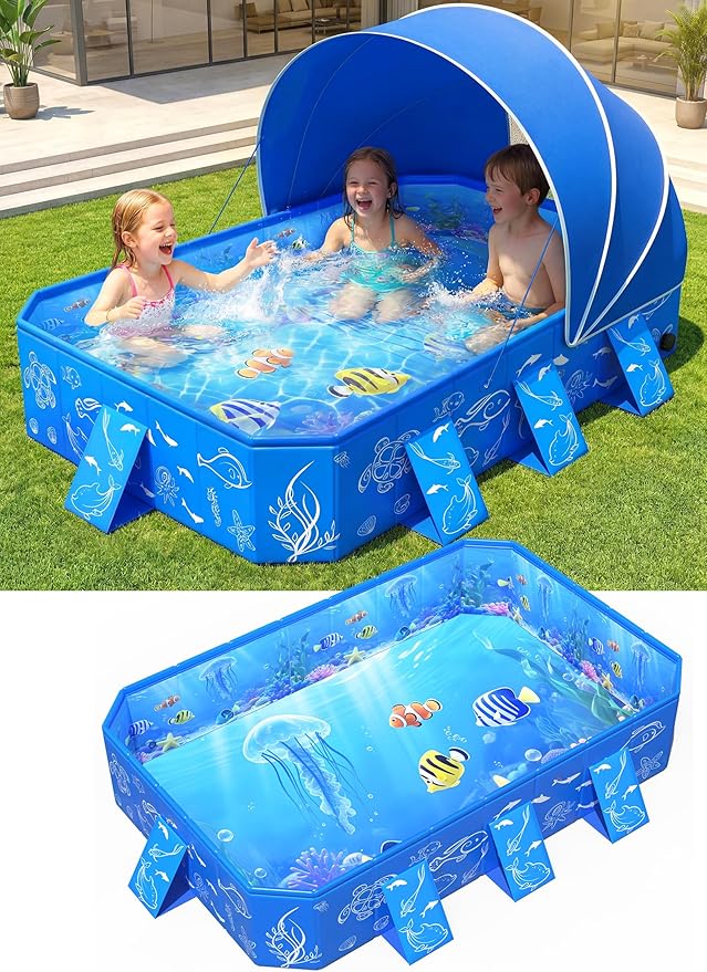Foldable Kiddie Pool with Canopy Toddler Swimming Pool 53*40*33IN | Foldable Kiddie Pool With Removable Canopy，Delicate Sea-Life Pattern, 0.4mm Thickness Robust Build Pop Up Baby Pool
