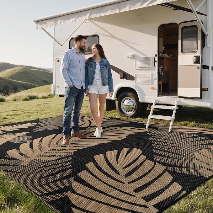 GENIMO Waterproof Outdoor Rug 10' x 14' for Patio Decor, Reversible Plastic Straw Area Rugs for Camping Clearance, RV Mat, Large Outside Carpet for Porch, Deck, Picni, Balcony, Garden, Black & Brown