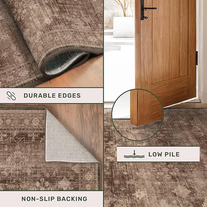 Gold Brown 8x12 Big Rugs for Living Room - Non Slip Washable Vintage Area Rug for Dining Room Under Table, Geometric Floral & Low Pile Boho Bedroom Decor