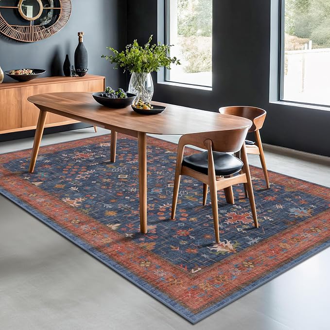 Washable Navy Blue Living Room Rug, 7x10 Area Rug for Bedroom, Dining Table Rugs - Low Pile Non-Slip Rubber Backing Stain Resistant Rug - Aethestic Boho Home Decor