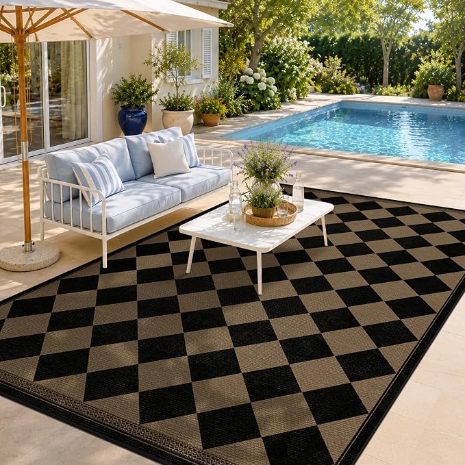Easy Jute Indoor Outdoor Checkered Rug for Dining Room 6x9, Stain Resistant Non-Slip Geometric Black and Brown Diamond Living Room Rug, Durable Boho Border Low Pile Carpet Decor for Bedroom and Office