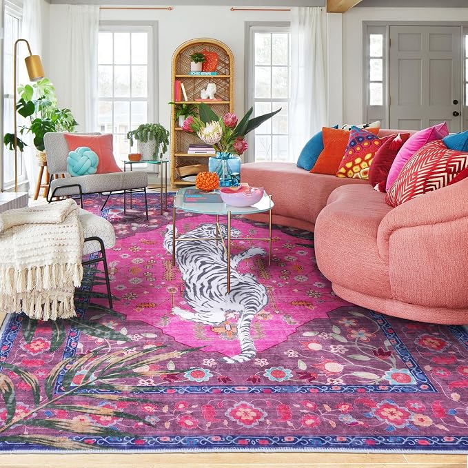 8x10 FT Leopard Rug for Living Room Hot Pink Animal Rug Pink Rugs for Girls Room Bedroom Dorm Thin Bright Magenta Carpet (Hot Pink, 10X8 FT)
