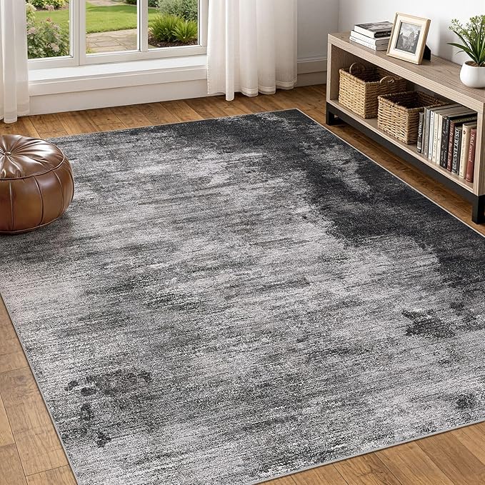 DMOYEST 6x9 Area Rug for Living Room Washable Abstract Indoor Carpet | Neutral Modern Low Pile Rugs Kid & Pet Friendly Soft Thin Carpet for Bedroom Dining Room and Office - Dark Grey