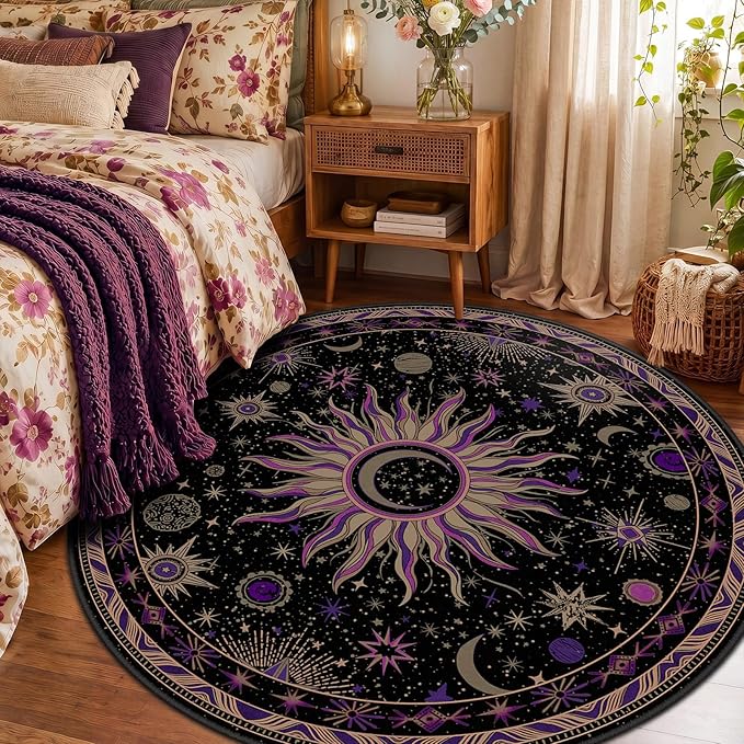 Vacuum-Friendly, Round 6ft Washable Area Rug, Black Purple Beige | Sun and Moon Boho Gothic Non-Slip Low Pile Living Roon Bedroom Dining Room Kitchen Entry Entryway Entrance Hallway Doormat