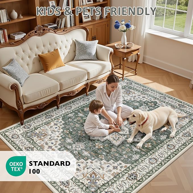 10x12 Area Rugs Living Room: Washable Rug for Bedroom Green Ivory | Vintage No Slip Stain Resistant Rug Soft Indoor Decor Floor Floral Area Rugs for Dining Room, Nursery, Hallway, Home Office