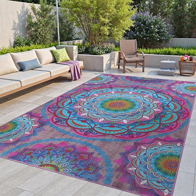 Arenarug Meditation Indoor Outdoor Rug 6x9 ft Mandala Pattern Rug Boho Style,Yoga Meditation Mat Picnic Rug for Patio Living Room Porch Garden Deck Backyard Easy to Clean Non Shedding Non-Slip