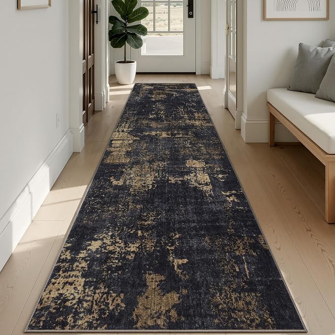 Sasttie 2x12 Runner Rug, Modern Abstract Hallway Carpet, Black & Gold | Machine Washable, Ultra-Soft Faux Wool, Low Pile, Non-Slip, Thin, for Entrance, Entryway, Kitchen & Laundry Room