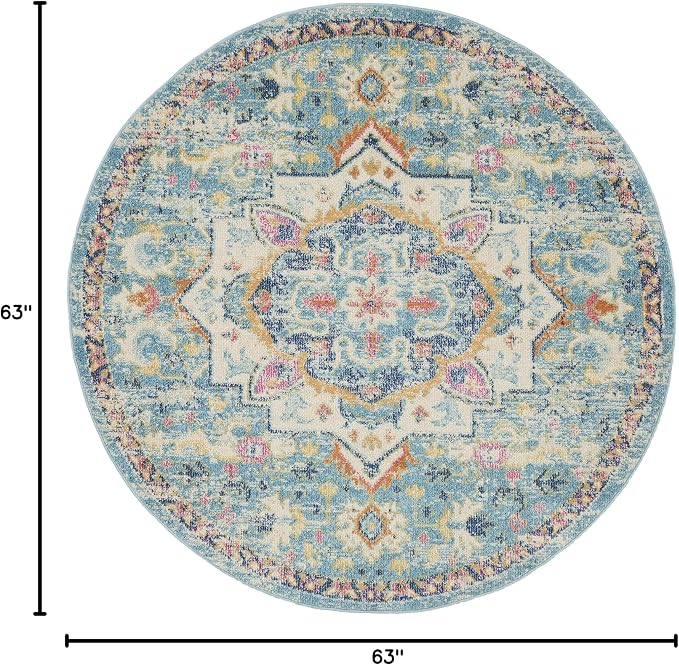 Nourison Home Passion Ivory Light Blue 5' x Round Area Rug - Easy Clean, Non Shedding, Bed Room, Living Room, Dining Room, Kitchen (5' x Round)