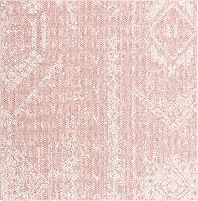 Unique Loom Outdoor Bohemian Collection Area Rug - Anthro (7' 1" Square, Pink/ Ivory)