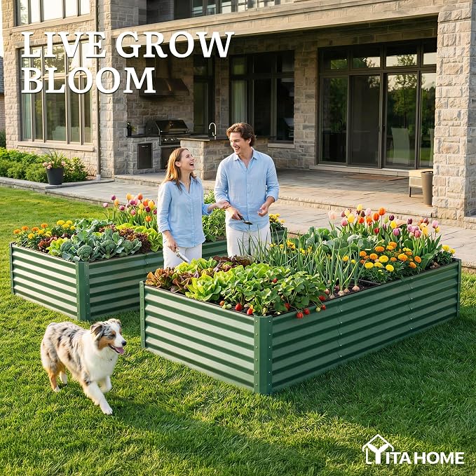YITAHOME 8x4x1.5ft Galvanized Raised Garden Bed, Metal Planter Box with Safety Rubber, Gloves, Outdoor Flower Bed for Planting Plants Vegetables, Green