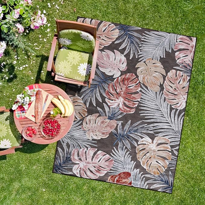 CAMILSON Indoor Outdoor Rug, Brown 7’10”x10’ Leaf Tropical Botanical Area Rugs for Indoor and Outdoor patios, Easy-Cleaning Non-Shedding Living Room, Garden and Kitchen Washable Outside Carpet (8x10)