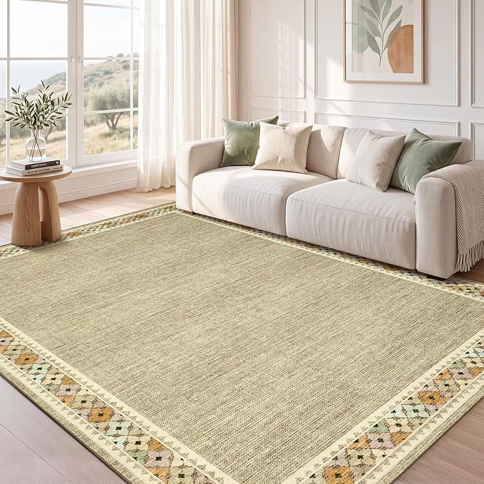 Garvee 5x7 Area Rugs Tribal Border Washable Rugs Living Room, Linen | Floral Border Area Rug Stain Resistant Easy Cleaning Throw Rugs Non Shedding Low Pile Floor Cover for Nursery Dining Room