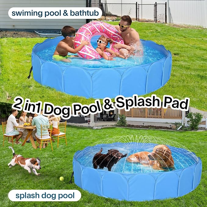 Collapsible Sprinklers Pool for Pet - Foldable Dog Pool for Backyard - Portable Heavy Duty Splash Pad for Puppy Pet Dog (63" x 12")