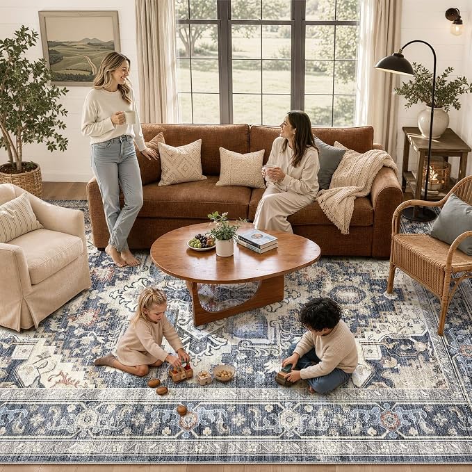 DTICON Vintage Washable 8x10 Area Rug Living Room Rugs, Blue | Boho Distressed, Pet & Kid Friendly, Non-Slip Backing, Soft Polyester, Low-pile Carpet for Living Room, Bedroom, Dining Room