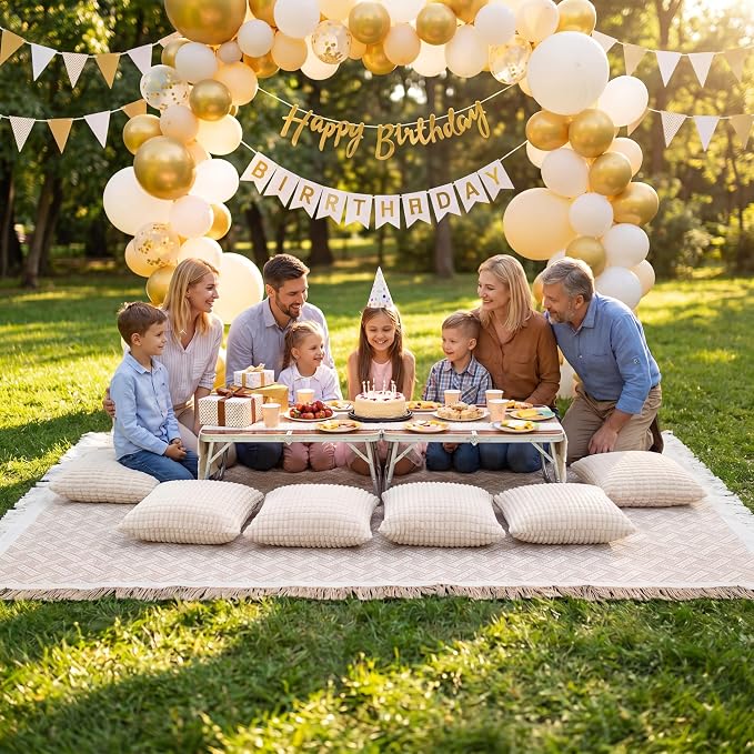 12 Pcs Extra Large Outdoor Boho Picnic Blanket 91'' x 71'' Folding Camping Table Beige White Table Runner 8 Throw Pillow with Pillow Cores Woven Cotton Yarn for Camping Garden Beach Wedding