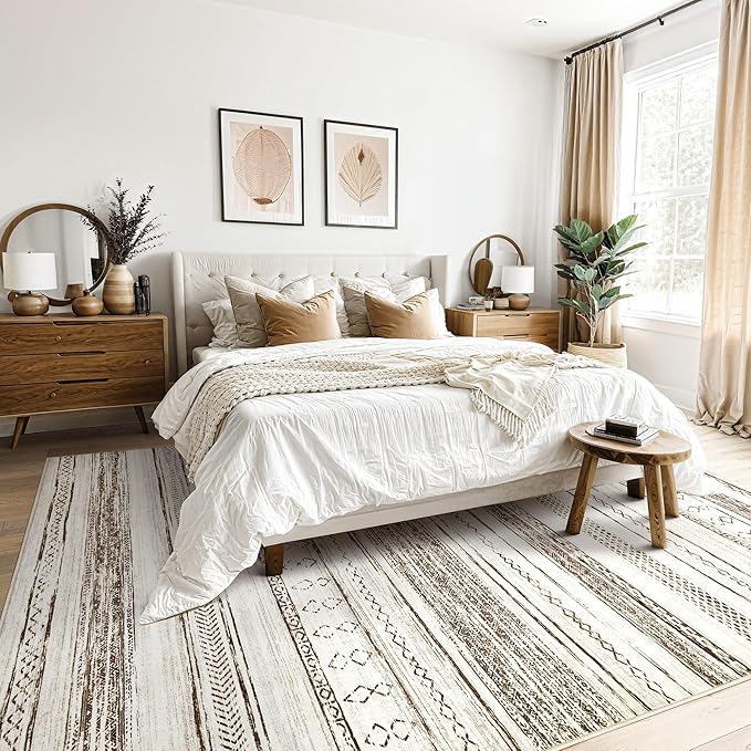 Tortania Area Rug Living Room Rugs - 6x9 Washable Large Soft Neutral Boho Moroccan Bohemian Farmhouse Rug Indoor Floor Carpet for Bedroom Under Dining Table Home Office Decor - Cream Brown
