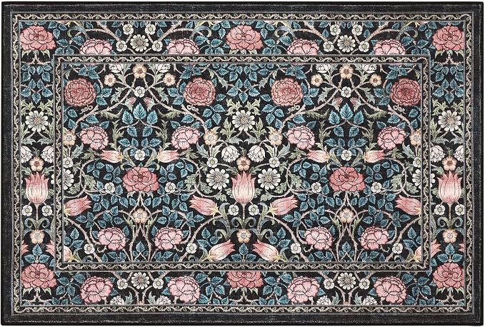 GarveeHome Blue Floral Washable 2x3 Rug for Entryway Small Door Mat | Kitchen Bathroom Girls Bedroom Dorm Rug Vintage Boho Rugs Low-Pile Non-Slip Stain Resistant TPE Backing