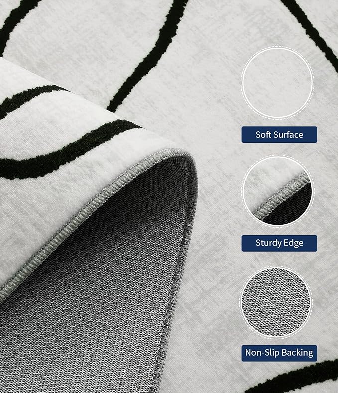 2x6 Washable Modern Black White Kitchen Runner Rug | Ultra-Thin Low Pile, Non-Slip TPE Backing, Soft Stain Resistant, Machine Washable, for Bedroom Livingroom High Traffic