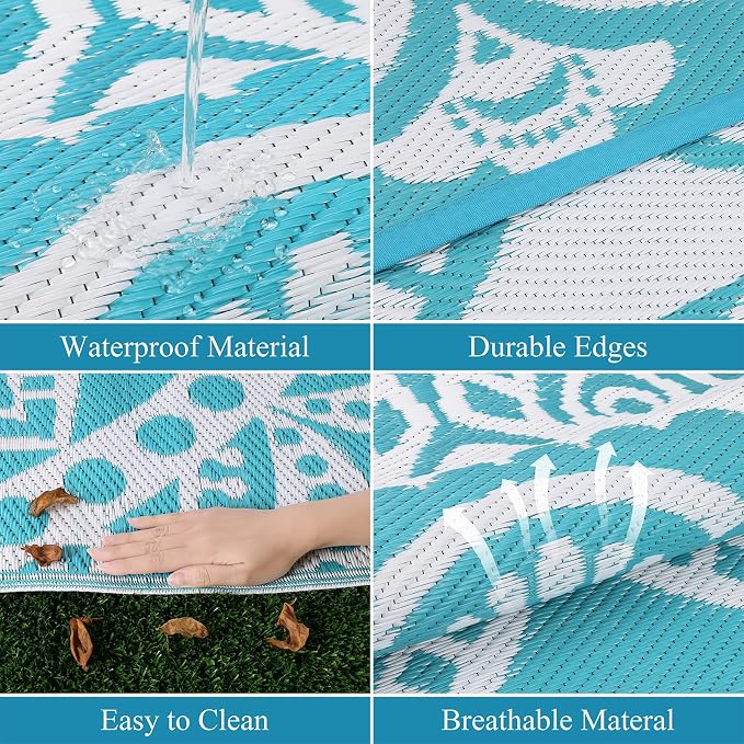 Bsmathom Waterproof Outdoor Rug 5'x8' Reversible Boho Plastic Straw Patio Deck Camping Rugs, Indoor Outdoor Portable RV Mat Clearance Carpet for Outside, Porch, Balcony, Backyard, Beach, Pool,Teal