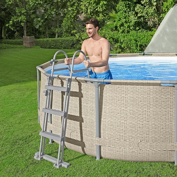 Bestway Power Steel 13' x 42" Round Above Ground Outdoor Swimming Pool Set with Shaded Canopy, 530 Gallon Filter Pump, Ladder, and Pool Cover