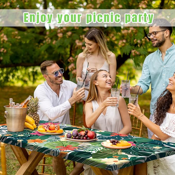 Picnic Table Cover with Bench Covers Camping Essentials Tropical Palm Leaves Outdoor Table Covers with Elastic Waterproof Fitted Tablecloth for RV Picnic Travel