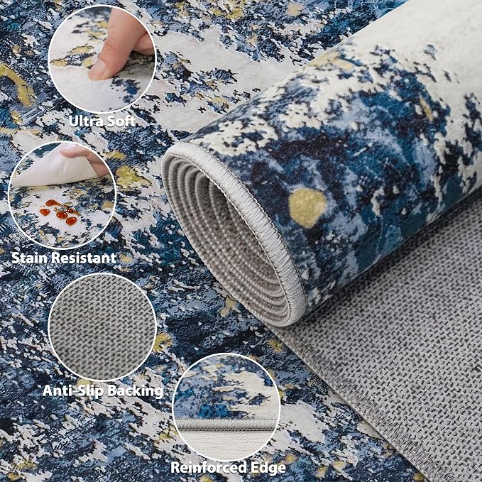Area Rug 9x12 Living Room: Large Washable Rug with Anti-Slip Backing Non-Shedding Stain-Resistant Soft Abstract Carpet for Bedroom Dining Room Nursery Home Office (Blue/Multi) | With Anti-Slip Backing，Non-Shedding，Stain-Resistant，Soft Modern Large Carp...