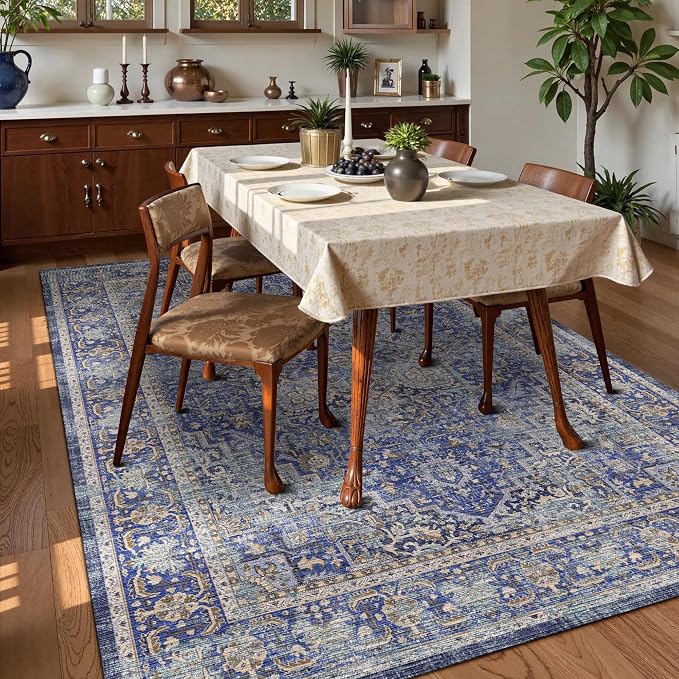 Washable Area Rug 6' x 9' Vintage Traditional Persian Mat - Foldable Distressed Non-Slip Machine Washable Carpet for Living Room Bedroom Kitchen Home Decor - Indigo and Gold