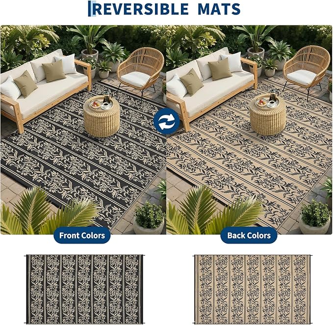 Garvee Outdoor Rugs 8x10 Waterproof Reversible Mat Boho Leaf Patio Rug with 4 Stakes and Starage Bag, Large Outdoor RV Mat Rugs for Camping, Picnic, Balcony, Deck, Backyard, Black & Brown