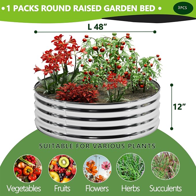 DIIYIV 3Pack 4x4x1ft Galvanized Raised Garden Bed, Planter Raised Garden Beds Outdoor, Round Clearance Raised Garden Beds for Gardening Vegetables