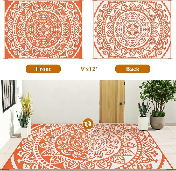 Bsmathom Waterproof Outdoor Rug 9x12ft Orange | Large Reversible, Boho Plastic Straw, Portable RV Mat, For Patio Deck Camping Beach Pool