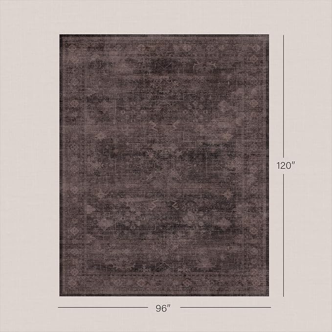 Farmhouse Washable 8x10 Area Rugs for Living Room, Dark Brown with Plum, Rust, and Charcoal Accents Vintage Geometric Rug for Bedroom, Dining Room, Modern Boho Distressed Ultra Soft Low Pile Carpet