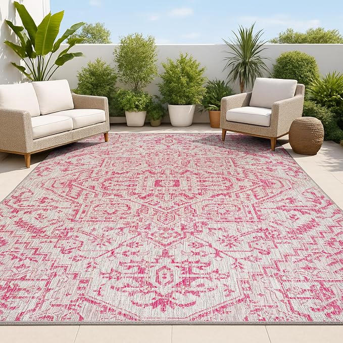 JONATHAN Y Boho Medallion Indoor Outdoor Area Rug 9X12 Light Gray/Fuchsia, Estrella Textured Weave for Backyard, Patio, Porch, Easy-Cleaning, High Traffic, Pet-Friendly, Non-Shedding (SMB105F-9)